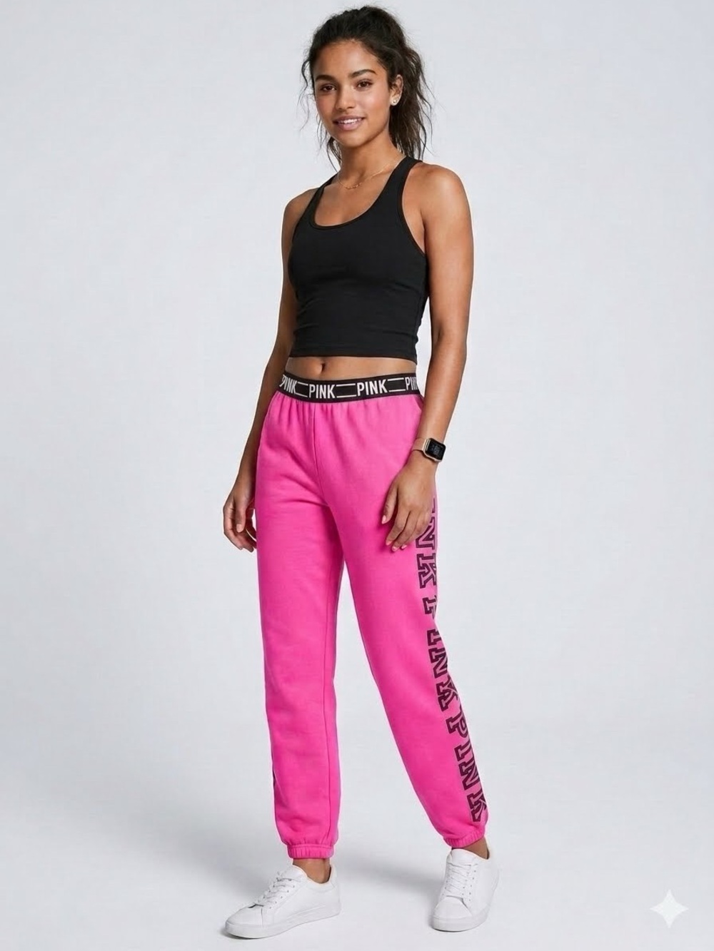 VS PINK Hot Pink Campus Sweatpants Joggers with Black Logo Trim Size Large